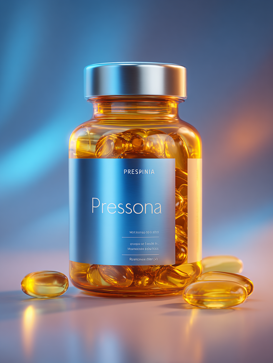Pressona természetes étrend-kiegészítő doboz semleges háttéren, modern csomagolással